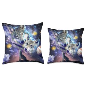 Random Galaxy Cosmic Space Wolf, Wolves Family Howling, Celestial Bond Throw Pillow, 16x16, Multicolor