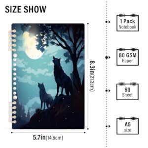 SDMKA Wolves under The Moon Spiral Notebook 1 Subject Durable Detachable Notebook with Water Resistant Cover, 60 Sheets (8.3" x 5.7")