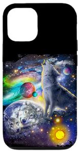 iphone 12/12 pro cosmic space wolf, wolves family howling, reflections case