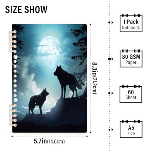 SDMKA Wolves under The Moon Spiral Notebook 1 Subject Durable Detachable Notebook with Water Resistant Cover, 60 Sheets (8.3" x 5.7")