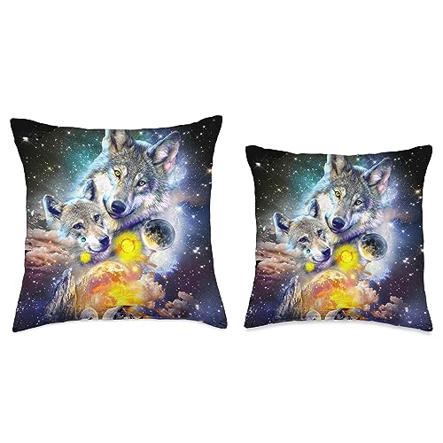 Random Galaxy Cosmic Space Wolf, Wolves Family Howling, Night-time Reunion Throw Pillow, 16x16, Multicolor