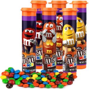 m&m minis milk halloween chocolate candy spooky edition - sweet milk peanut chocolate halloween mini m&ms bulk tubes encased in vibrant candy shell colors - melt in your mouth snacks for kids - 6 pack