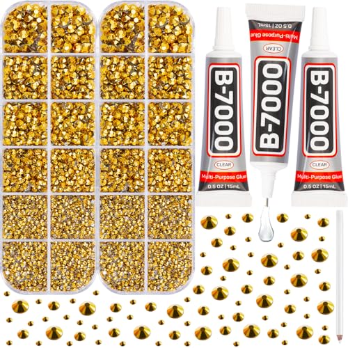 B7000 Gem Glue with 11000Pcs Gold Rhinestones for Crafts Clothes Decoration Clothing Fabric, Bright Gold Flatback Rhinestones for Shoes Tumblers, Flat Back Gluefix Rinestones Bedazzle Kit 2/3/4/5 mm