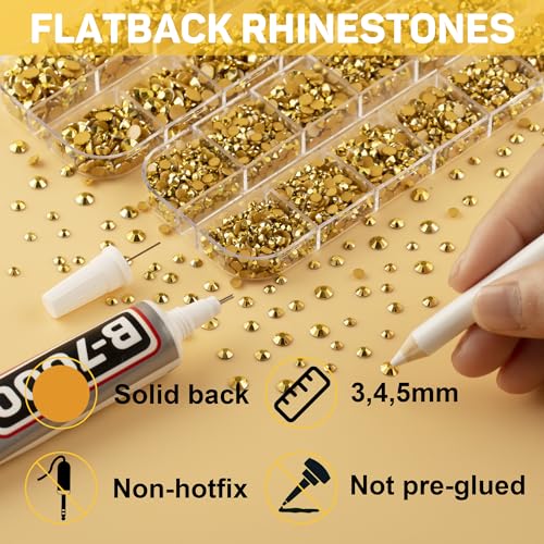 B7000 Gem Glue with 11000Pcs Gold Rhinestones for Crafts Clothes Decoration Clothing Fabric, Bright Gold Flatback Rhinestones for Shoes Tumblers, Flat Back Gluefix Rinestones Bedazzle Kit 2/3/4/5 mm