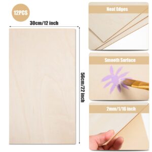 12 Pack 22 x 12 x 1/16 Inch-2 mm Thick Basswood Sheets for Crafts Unfinished Plywood Sheet Rectangular Craft Wood Sheet Boards for DIY Projects, Architecture Models, Engraving, Wood Burning, Staining