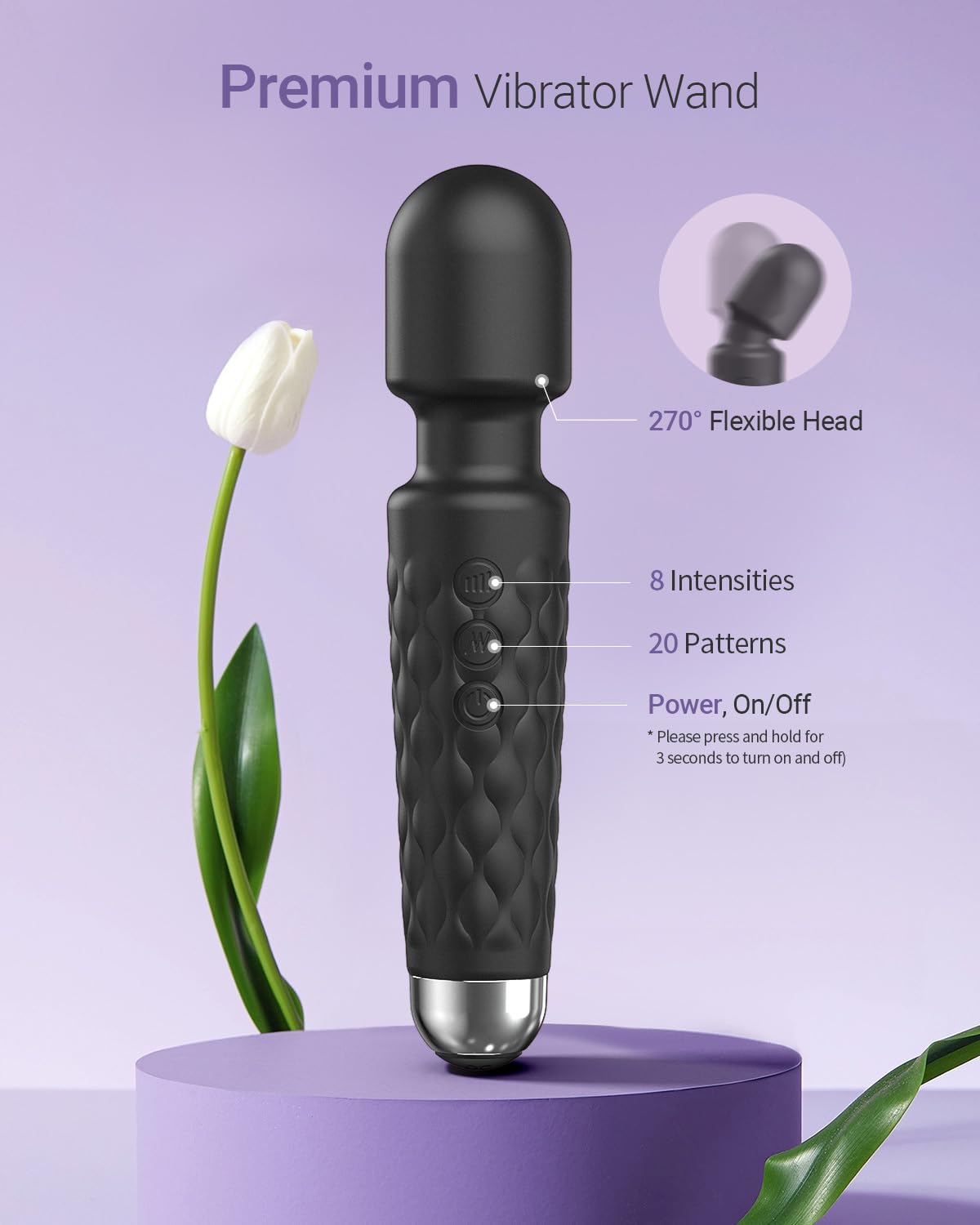 SIKXTOA Vibrator Wand Sex Toys, Female Adult Vibrators for Her, Wand Massager, Clit Stimulator Sex Toy, Dildo, with 8 Speeds of Pleasure & 20 Patterns, Waterproof (Classic Black)