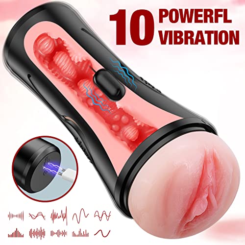 Vibrating Male Masturbator Squeezable Pocket Pussy, Lifelike Textured Vagina, Masturbation Cup with 7.5" Depth, Plump and Soft Fleshy Masturbating Stroker Sex Toy for Men Realistic