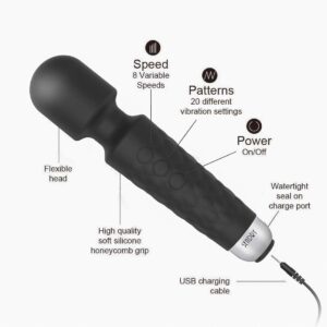 Female Vibrator, G-Spot & Sex Toy, 20 Modes & 8 Speeds Wand Massager, Quiet, Waterproof, USB Rechargeable Vibrator, Hand-Held Cordless Sex Toys Vibrator for Her Pleasure, Female Adult Toy (Black)