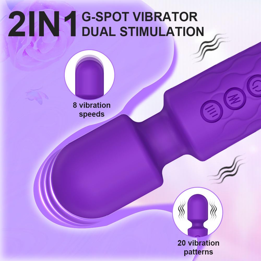 Powerful Vibrator Wand, G Spot Cordless Rechargeable Vibrators with 20 Patterns & 8 Intensity, Quiet Clit Vibrator, Clitoris Stimulation, Dildo, Female Wand Massager for Her Pleasure Adult Toys (A)