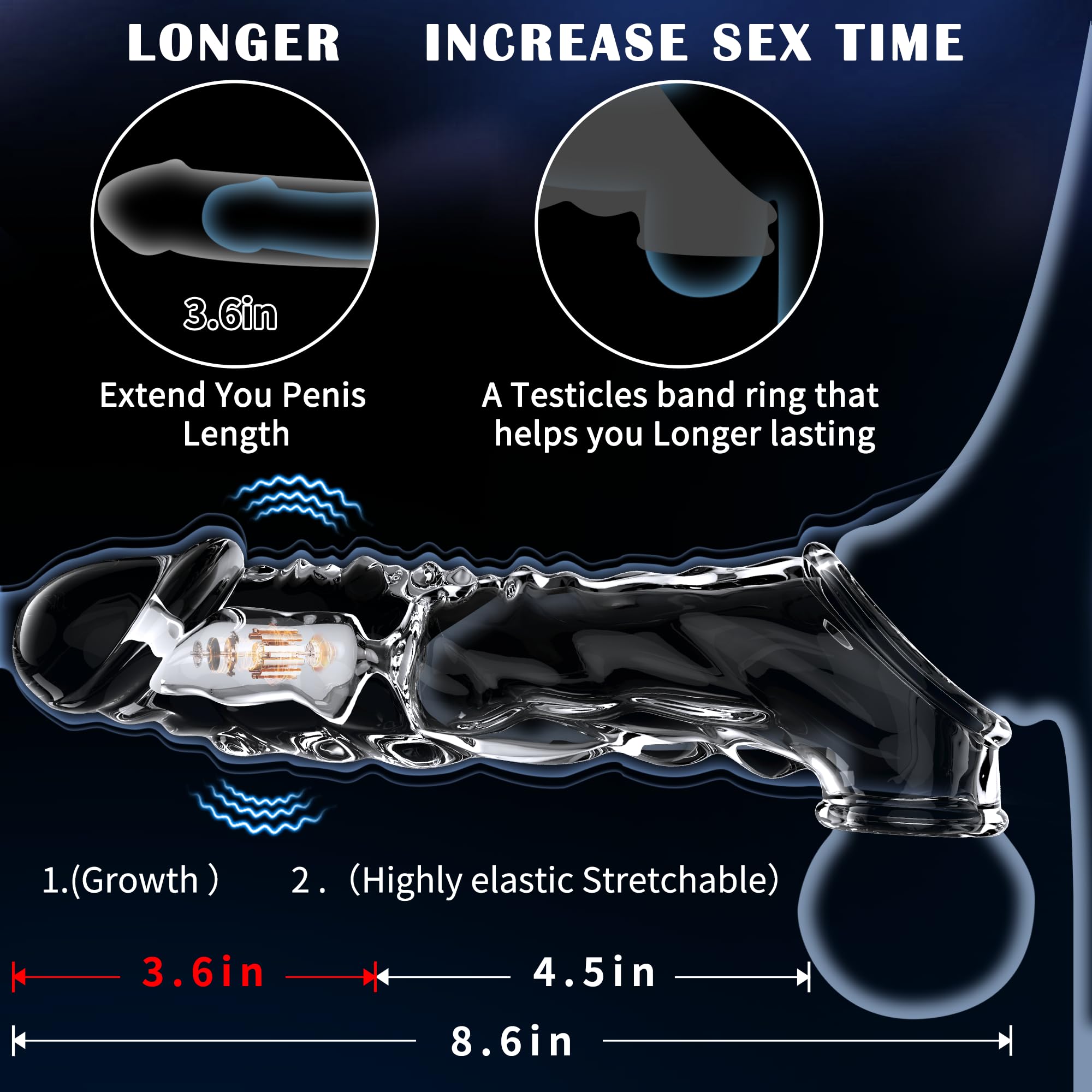 KVEVU Reusable Penis Sleeve with Vibrator Penis Ring,3.6 inch Clear Penis Sleeve Cock Ring Extender Ultra-Soft Penis Enlarger for Couples Vibrating Dildo for Cock Enlarger Sex Toys for Men