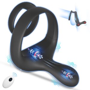 Vibrating Cock Ring Taint Stimulator, Silicone Pleasure Penis Ring Vibrator Couples Adult Sex Toys for Men, Dual Motors 9 Vibrations Remote Control Male Couple Sex Toy, Cock Rings Vibrators for Men