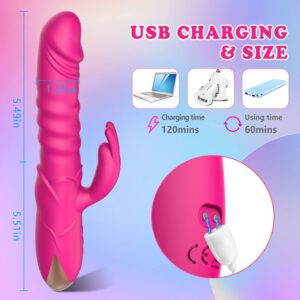 Thrusting Rabbit Vibrator, G Spot Clitoral Vibrator Waterproof & Rechargeable Realistic Silicone Dildo Vibrator with 3 Thrusting & 10 Vibrating Modes, Rose Sex Toys for Women