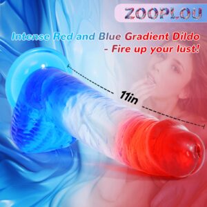 Huge Thick Clear Dildo 2.35" Diameter 11" Long, XL Big Fat G Spot Anal Dildos with Strong Suction Cup, Red Blue Jelly Soft Real Dildo Women Couples Male Adult Sex Toys, Strap On Penis Female Sex Toy