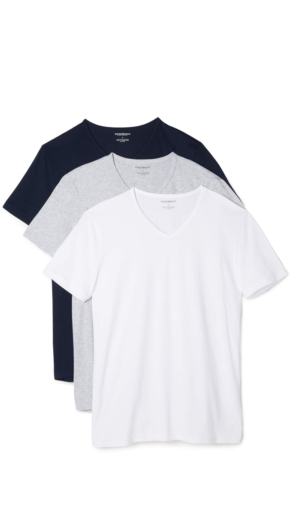 Emporio Armani Men's Cotton V-Neck T-Shirt, 3-Pack, Grey/White/Navy, Large