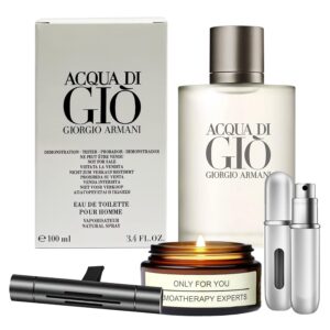 acqua di gio cologne for men 3.4 oz.edt tester spray - gift set pack with lavender soy candle, car air fresheners, and empty travel perfume atomizer