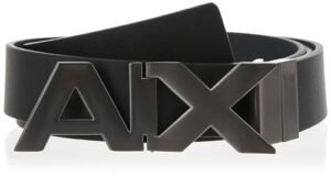 armani exchange men's leather wide logo belt buckle, black/phantom, 38