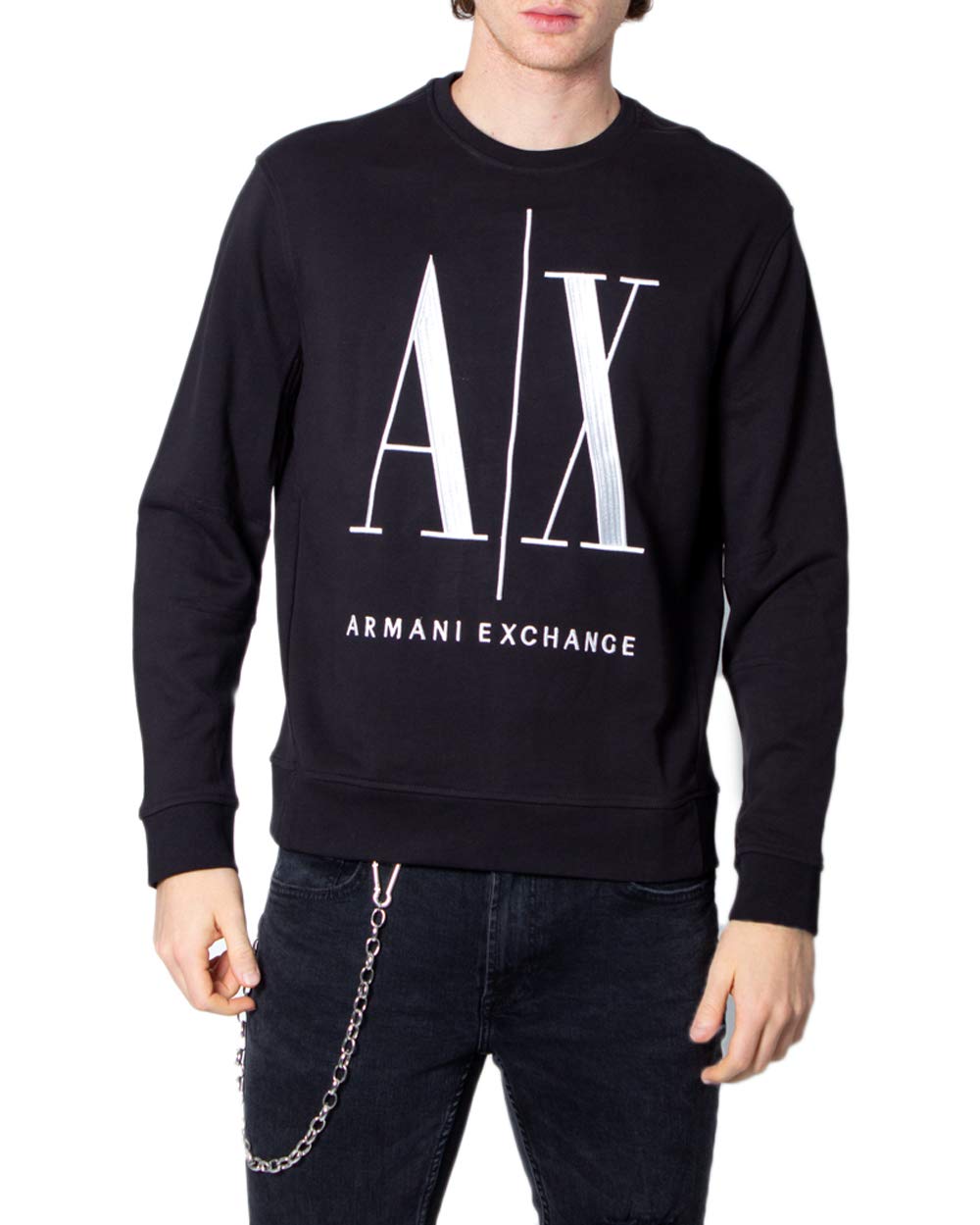 A｜X ARMANI EXCHANGE Men's Icon Project Embroidered Pullover Sweatshirt, Black, M