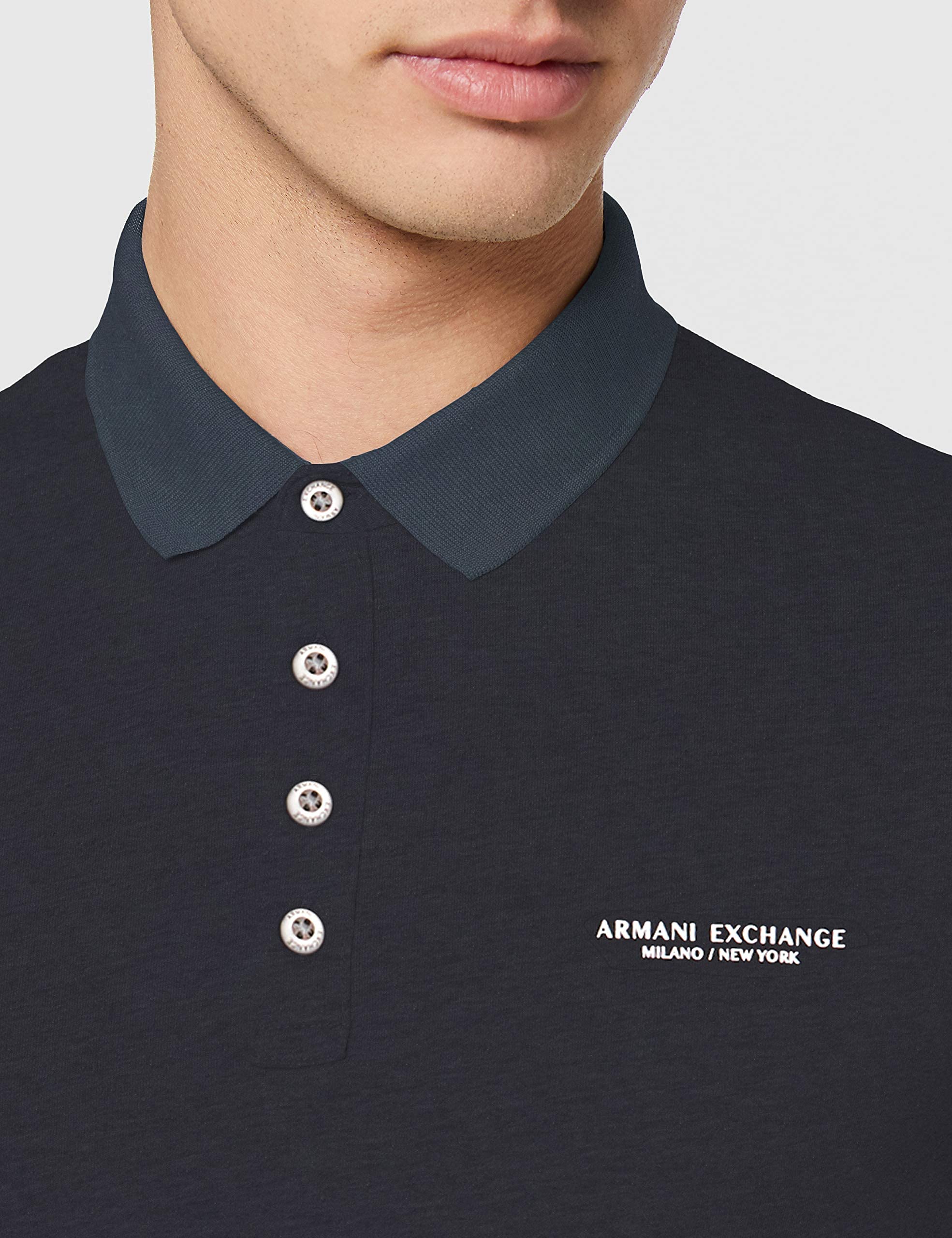 A｜X ARMANI EXCHANGE Men's Short Sleeve Contrast Logo Jersey Polo, Navy, M