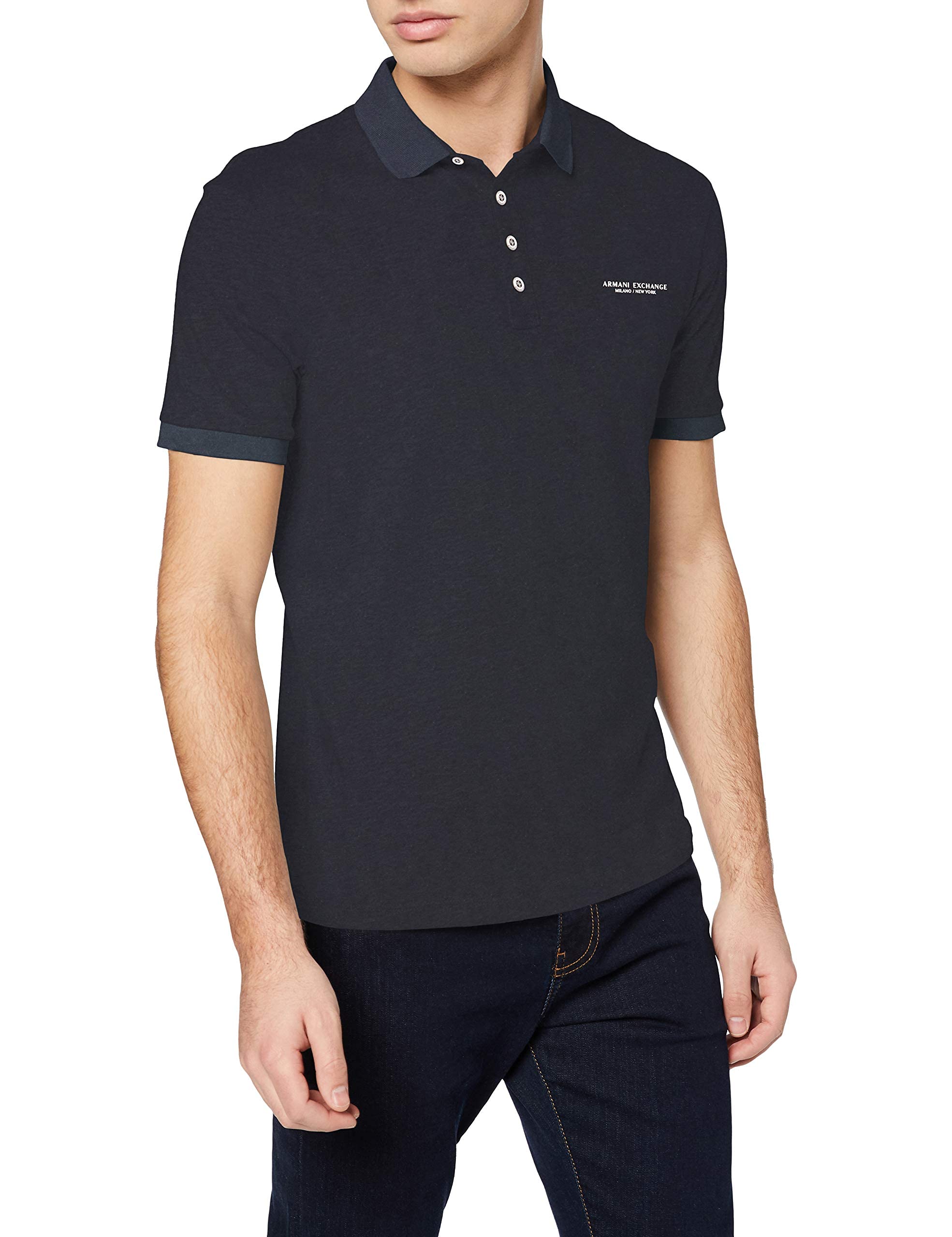 A｜X ARMANI EXCHANGE Men's Short Sleeve Contrast Logo Jersey Polo, Navy, M