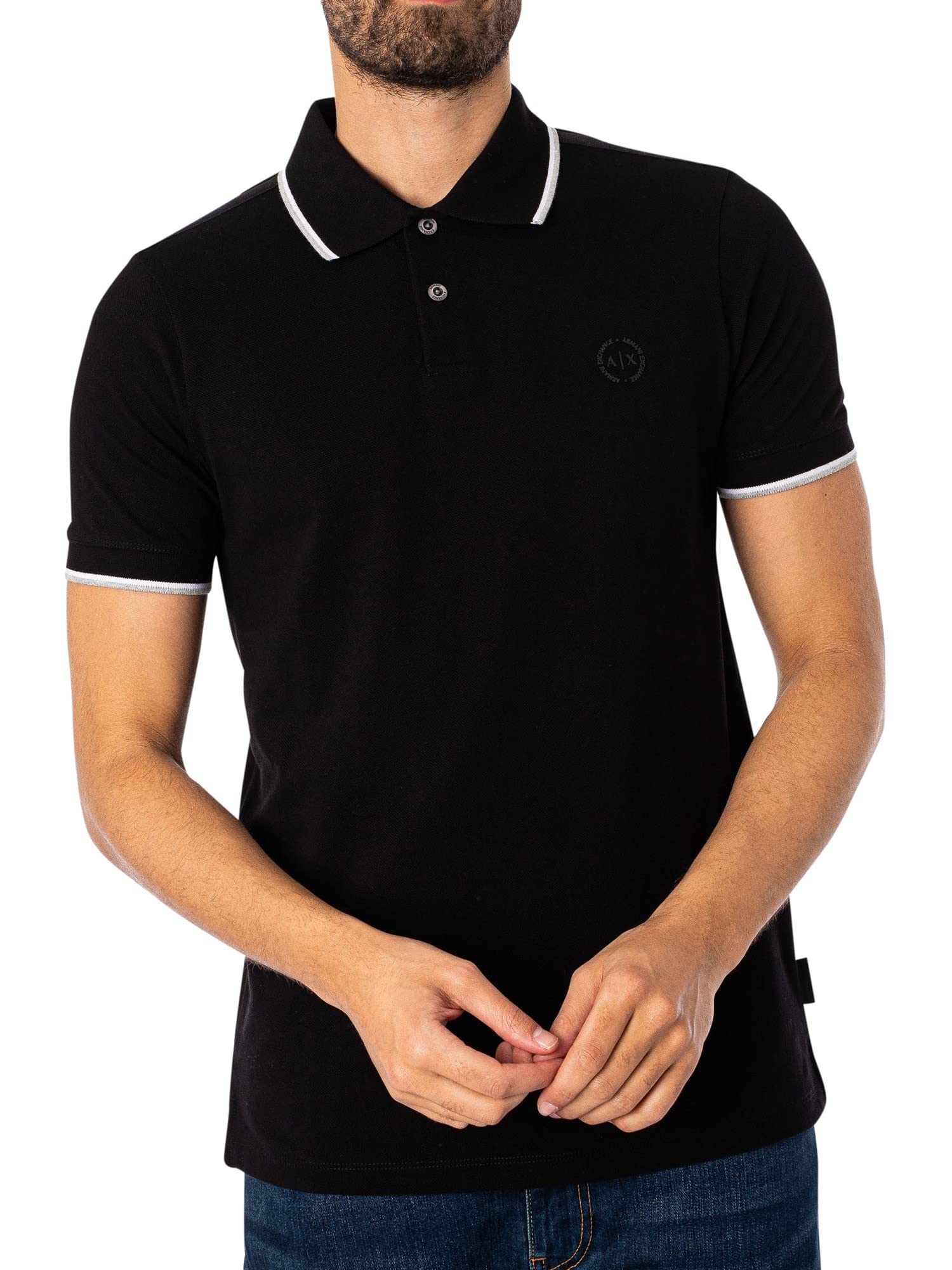 A｜X ARMANI EXCHANGE Mens Short Sleeve Jersey Knit Polo Shirt, Black, Large US