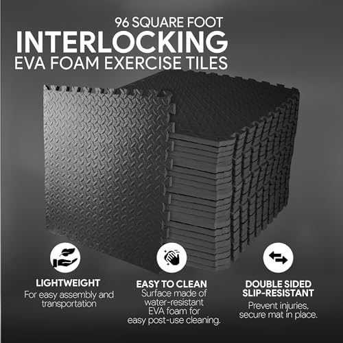 Signature Fitness Puzzle Exercise Mat with EVA Foam Interlocking Tiles for MMA, Exercise, Gymnastics and Home Gym Protective Flooring, 3/4" Thick, 96 Square Feet, Black