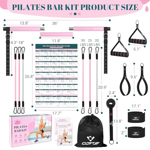 Pilates Bar Kit with Resistance Bands, Multifunctional Yoga Pilates Bar with Heavy-Duty Metal Adjustment Buckle, Portable Home Gym Pilates Resistance Bar for Women Full Body Workouts(20-150LBS)-Pink