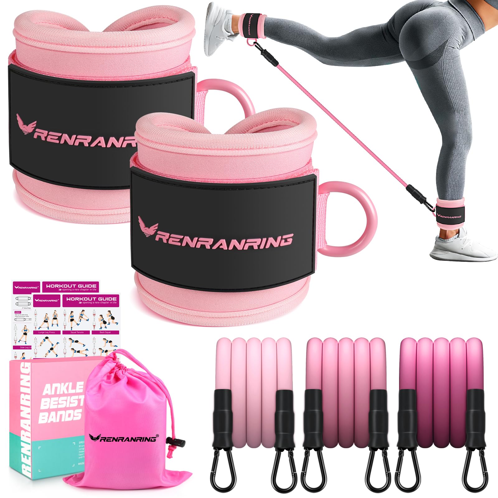 RENRANRING Ankle Resistance Bands with Cuffs, Glutes Workout Equipment, Ankle Bands for Working Out, Butt Exercise Equipment for Women Legs and Glutes