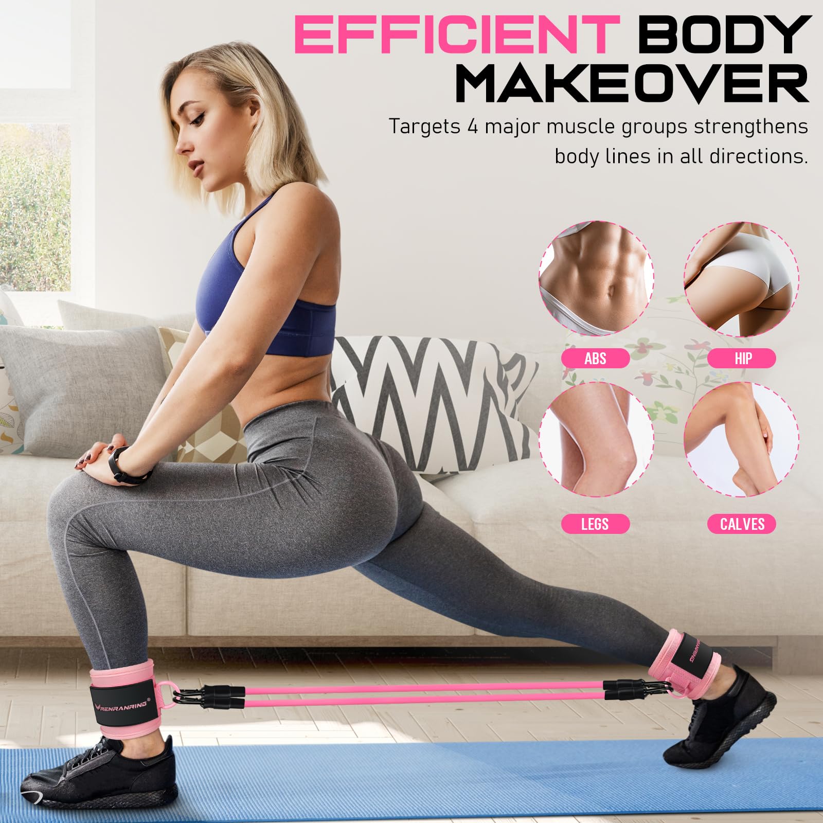 RENRANRING Ankle Resistance Bands with Cuffs, Glutes Workout Equipment, Ankle Bands for Working Out, Butt Exercise Equipment for Women Legs and Glutes