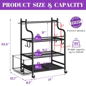 Mythinglogic Yoga Mat Storage Racks for Home, Gym Rack for Dumbbells Kettlebells Foam Roller, Yoga Strap and Resistance Bands, Workout Equipment Organizer With Hooks and Wheels