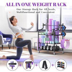 Mythinglogic Yoga Mat Storage Racks for Home, Gym Rack for Dumbbells Kettlebells Foam Roller, Yoga Strap and Resistance Bands, Workout Equipment Organizer With Hooks and Wheels