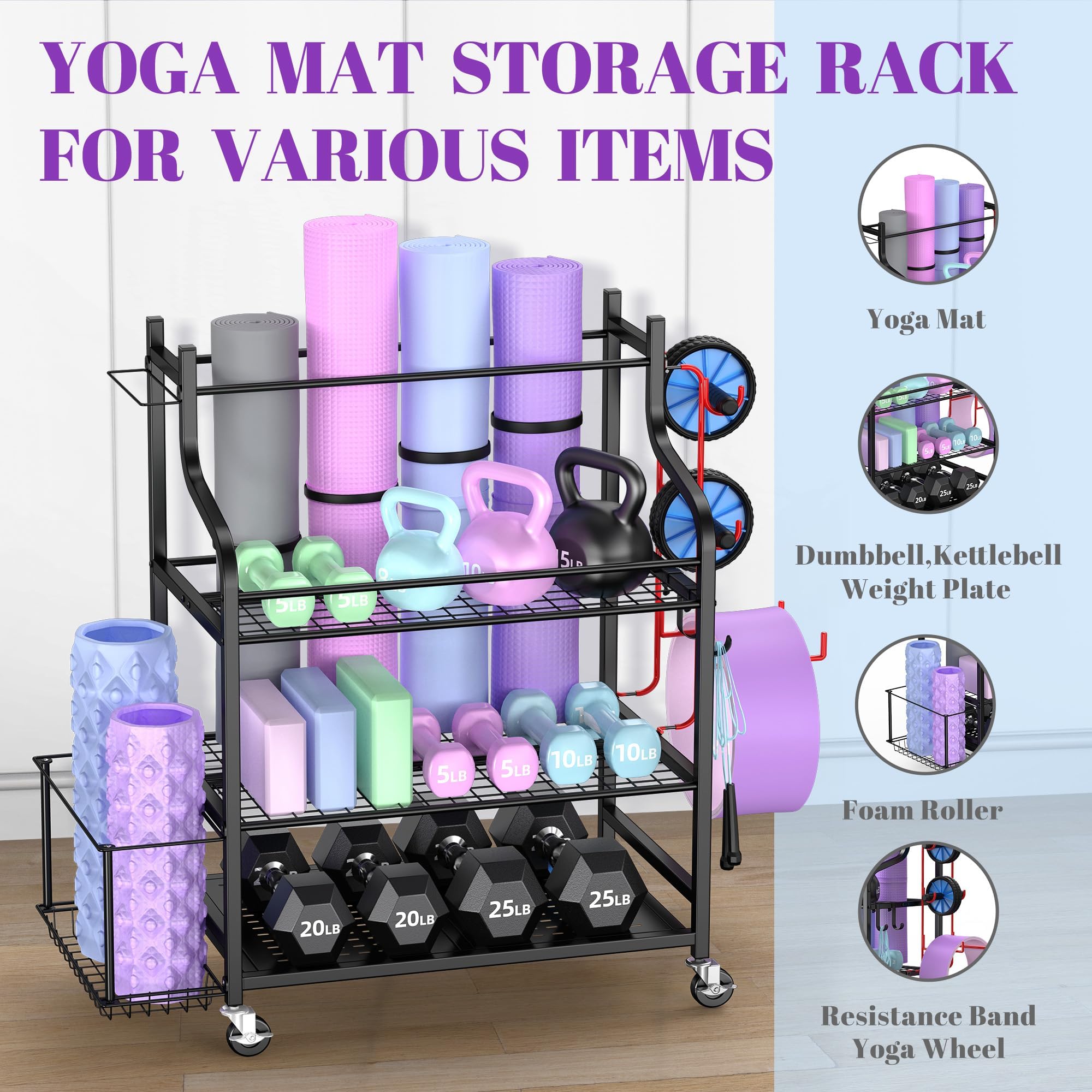 Mythinglogic Yoga Mat Storage Racks for Home, Gym Rack for Dumbbells Kettlebells Foam Roller, Yoga Strap and Resistance Bands, Workout Equipment Organizer With Hooks and Wheels