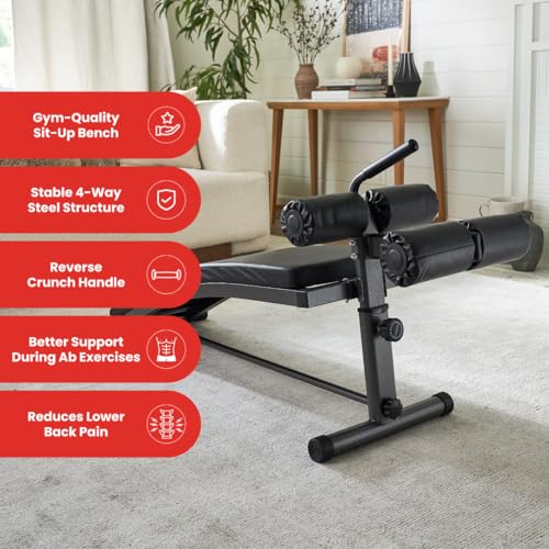 Finer Form Sit Up Bench with Reverse Crunch Handle for Ab Bench Exercises - Abdominal Exercise Equipment with 3 Adjustable Height Settings (Black)