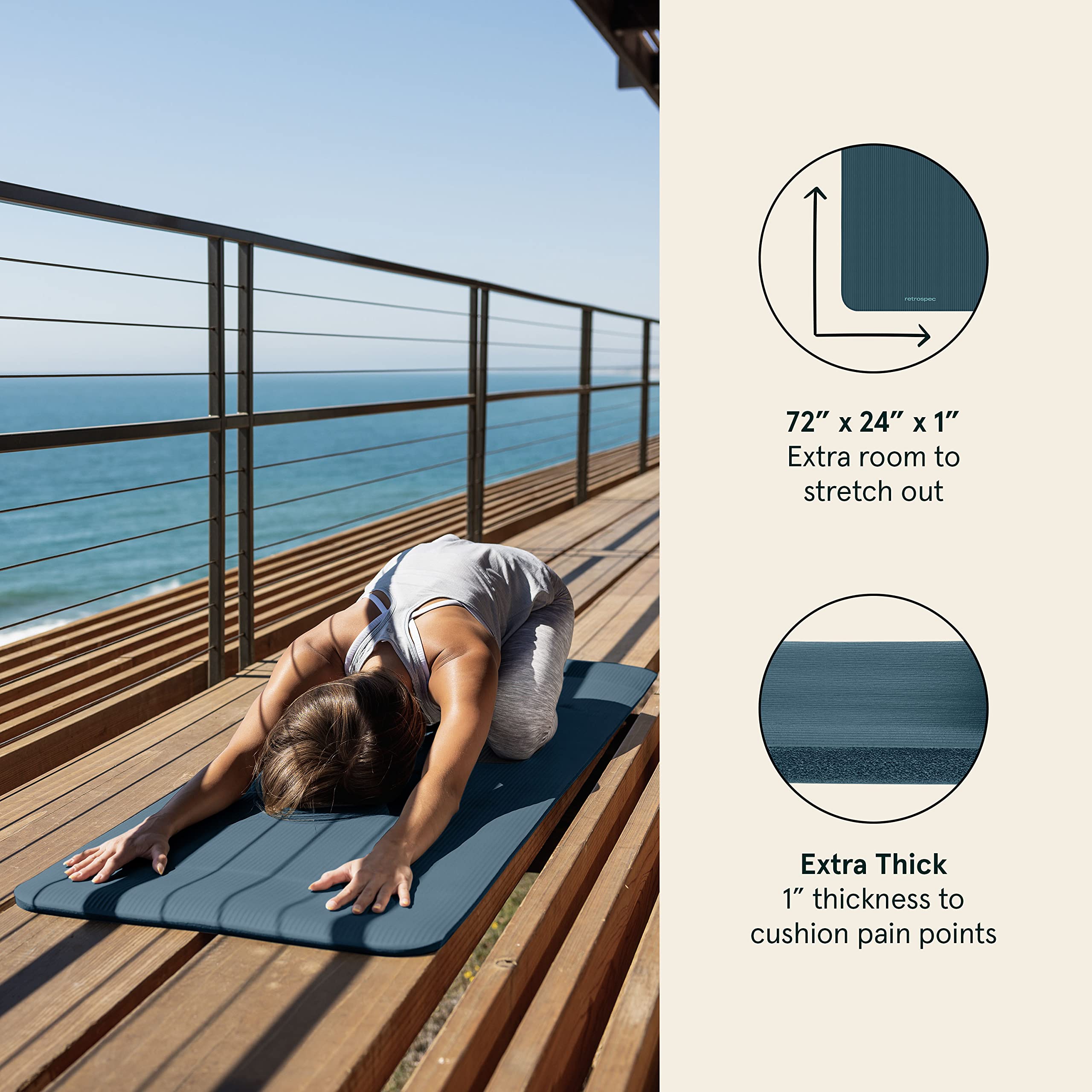 Retrospec Solana Yoga Mat 1" Thick w/Nylon Strap for Men & Women - Non Slip Exercise Mat for Home Yoga, Pilates, Stretching, Floor & Fitness Workouts - Ocean Blue