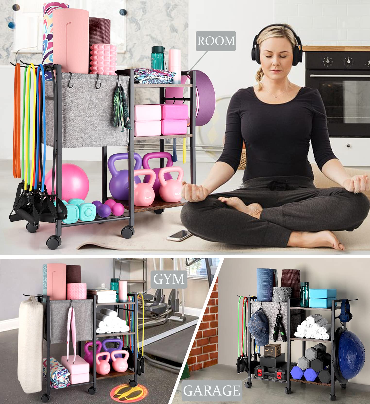 Yoga Mat Storage Rack Home Gym Equipment Storage Organizer Yoga Mat Holder for Yoga Mat Foam Roller Dumbbells Kettlebells Resistance Bands and More Gym Accessories Women Men Workout Equipment