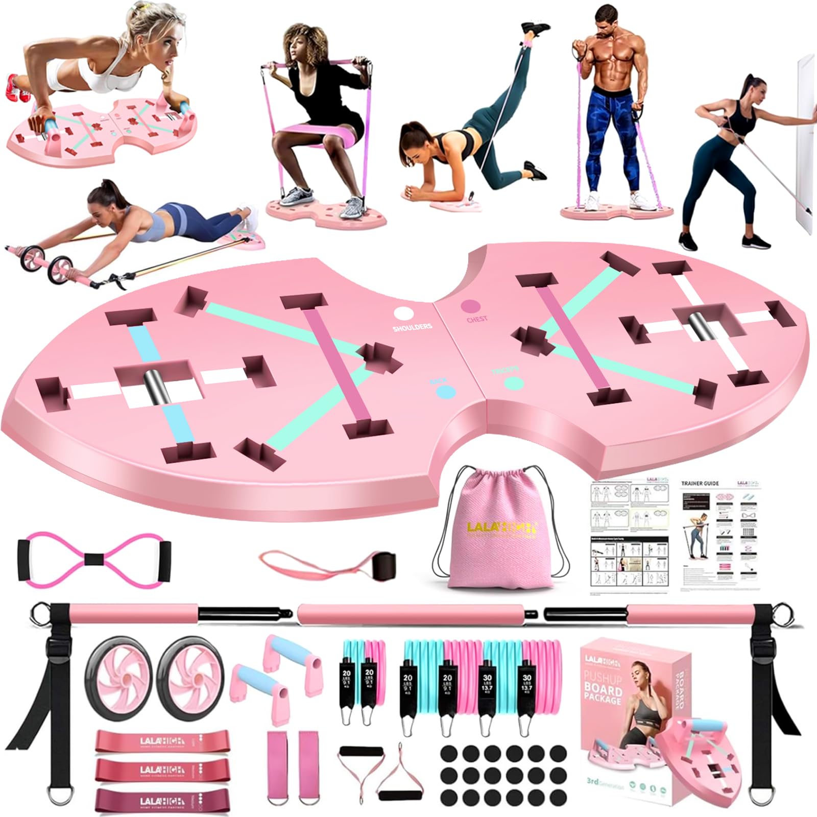 LALAHIGH Home Workout Equipment for Women, Multifunction Push Up Board, Portable Home Gym System with Resistance Bands,Ab Roller Wheel, and 20 Gym Accessories, Professional Strength Training Exercise