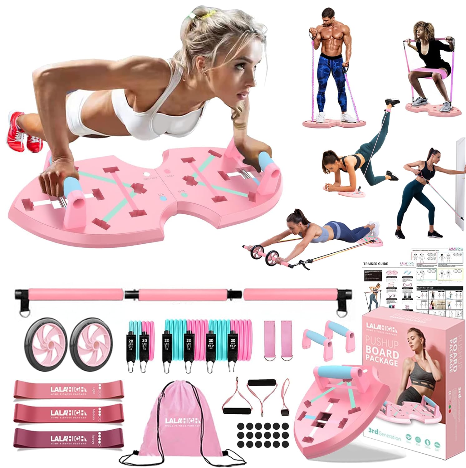 LALAHIGH Home Workout Equipment for Women, Multifunction Push Up Board, Portable Home Gym System with Resistance Bands,Ab Roller Wheel, and 20 Gym Accessories, Professional Strength Training Exercise