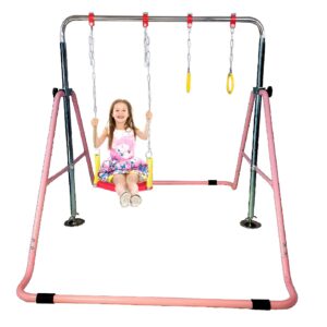 Kids Jungle Gymnastics Expandable Junior Training Monkey Horizontal Bars Climbing Tower Child Play Pink Training Pull Up Gym + Swing Seat + Trapeze Rings.Set