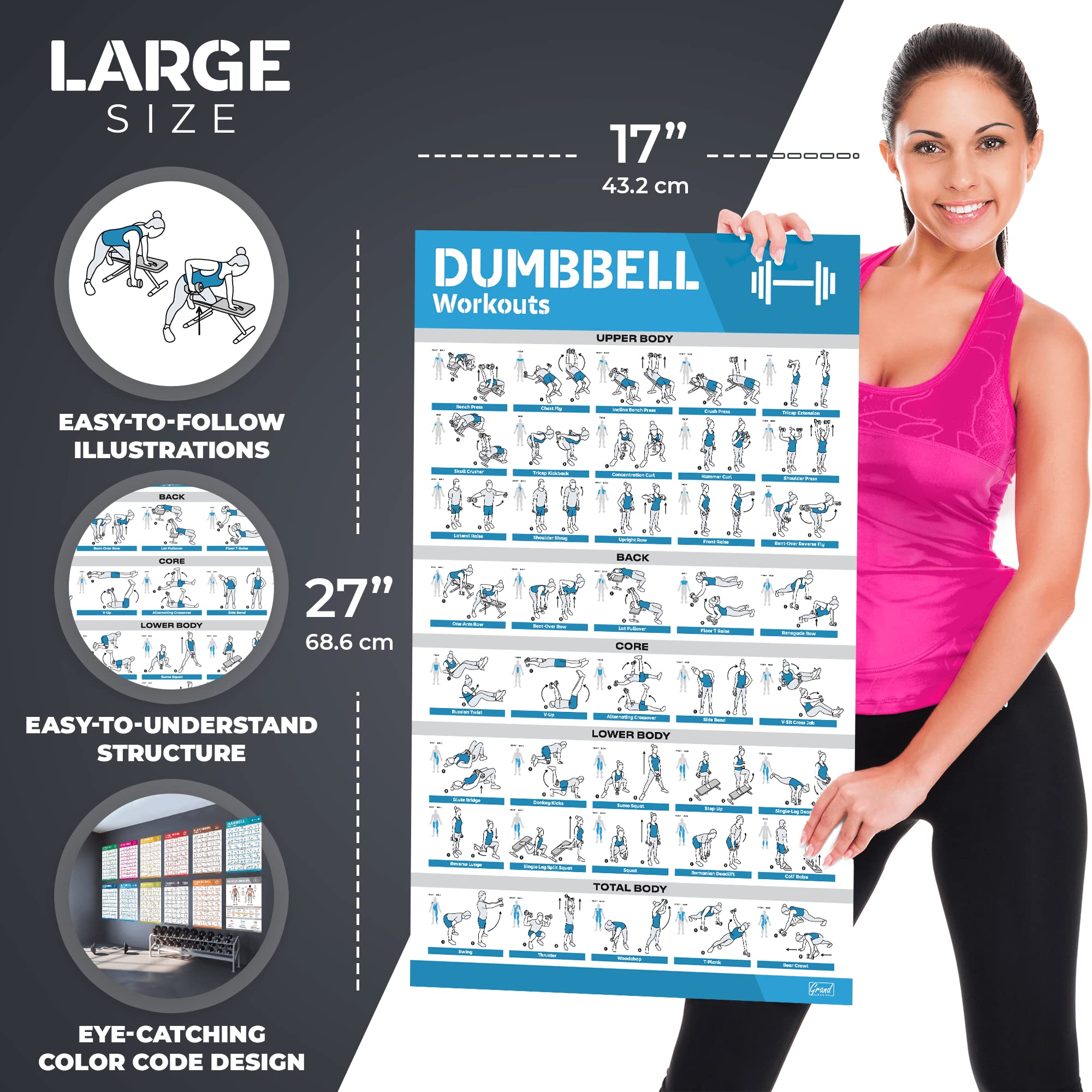 [12-PACK] Laminated Large Workout Poster Set - Perfect Workout Posters for Home Gym - Exercise Charts Incl. Dumbbell, Yoga Poses, Resistance Band, Kettlebell, Stretching & More Fitness Gym Posters