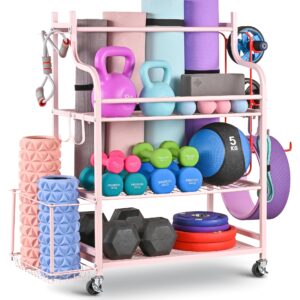 Mythinglogic Yoga Mat Storage Racks,Home Gym Storage Rack for Dumbbells Kettlebells Foam Roller, Yoga Strap and Resistance Bands, Workout Equipment Storage Organizer With Hooks and Wheels