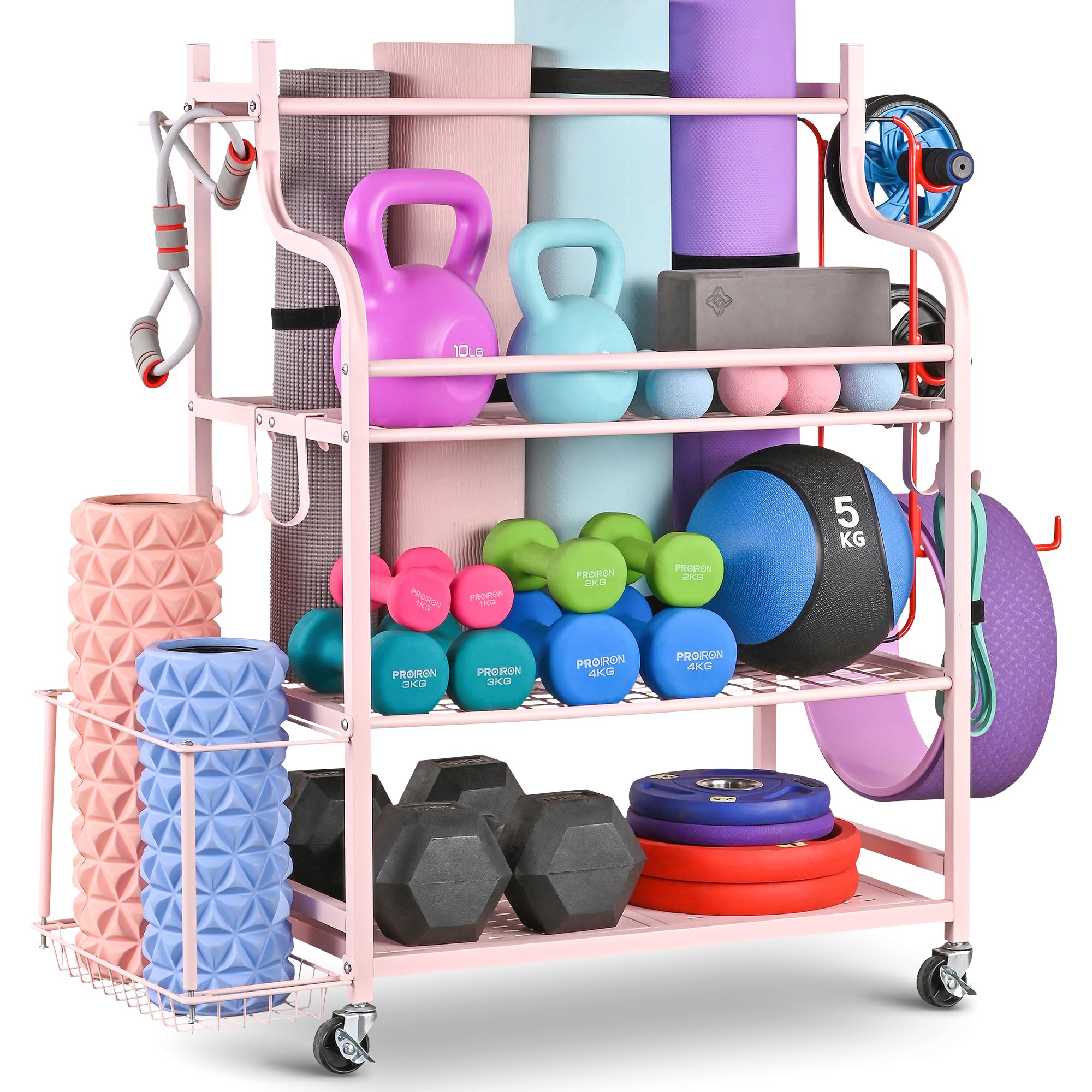 Mythinglogic Yoga Mat Storage Racks,Home Gym Storage Rack for Dumbbells Kettlebells Foam Roller, Yoga Strap and Resistance Bands, Workout Equipment Storage Organizer With Hooks and Wheels