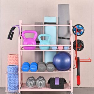 Mythinglogic Yoga Mat Storage Racks,Home Gym Storage Rack for Dumbbells Kettlebells Foam Roller, Yoga Strap and Resistance Bands, Workout Equipment Storage Organizer With Hooks and Wheels