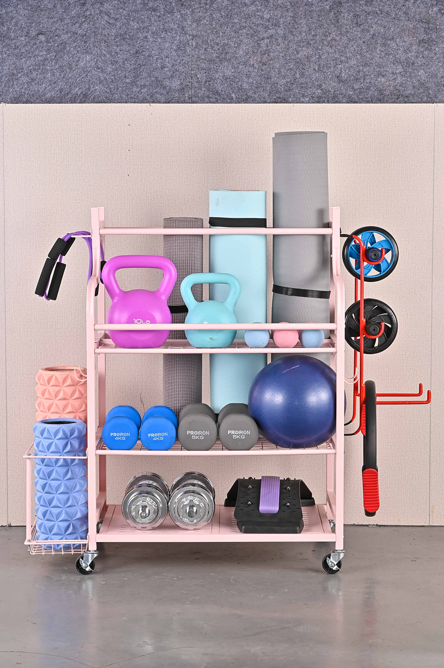 Mythinglogic Yoga Mat Storage Racks,Home Gym Storage Rack for Dumbbells Kettlebells Foam Roller, Yoga Strap and Resistance Bands, Workout Equipment Storage Organizer With Hooks and Wheels