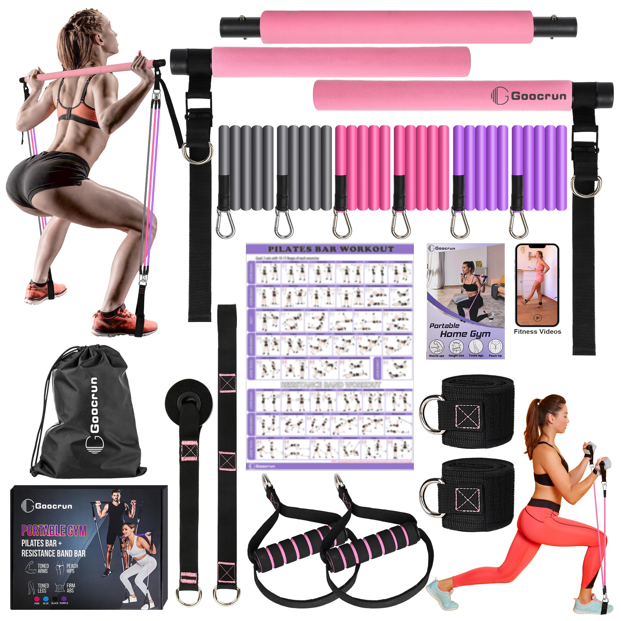 Portable Home Gym, Pilates Bar & Resistance Band Bar Combo Set. Multifunctional Fitness Equipment That Supports Full-Body Workouts - with Workout Poster and Video