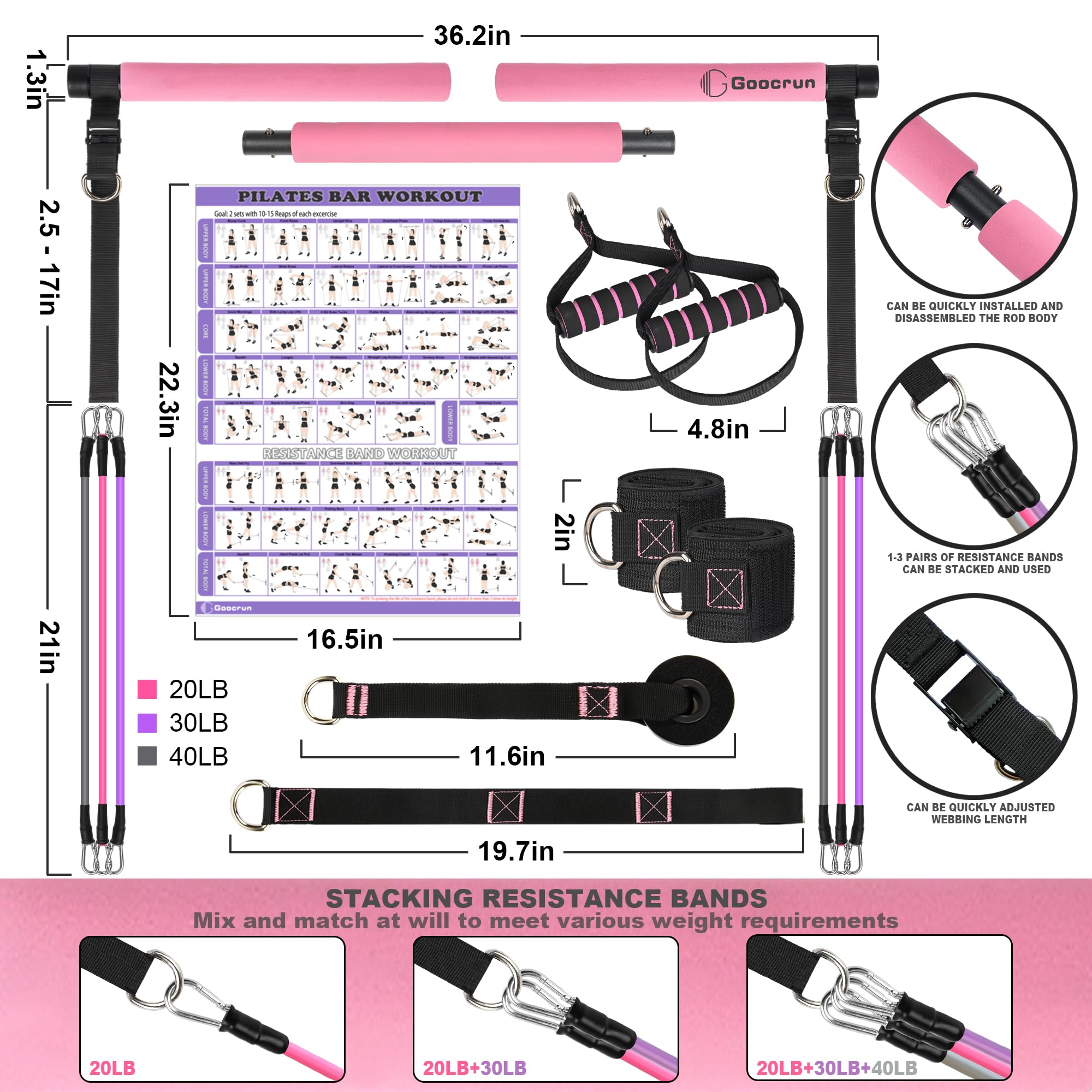 Portable Home Gym, Pilates Bar & Resistance Band Bar Combo Set. Multifunctional Fitness Equipment That Supports Full-Body Workouts - with Workout Poster and Video