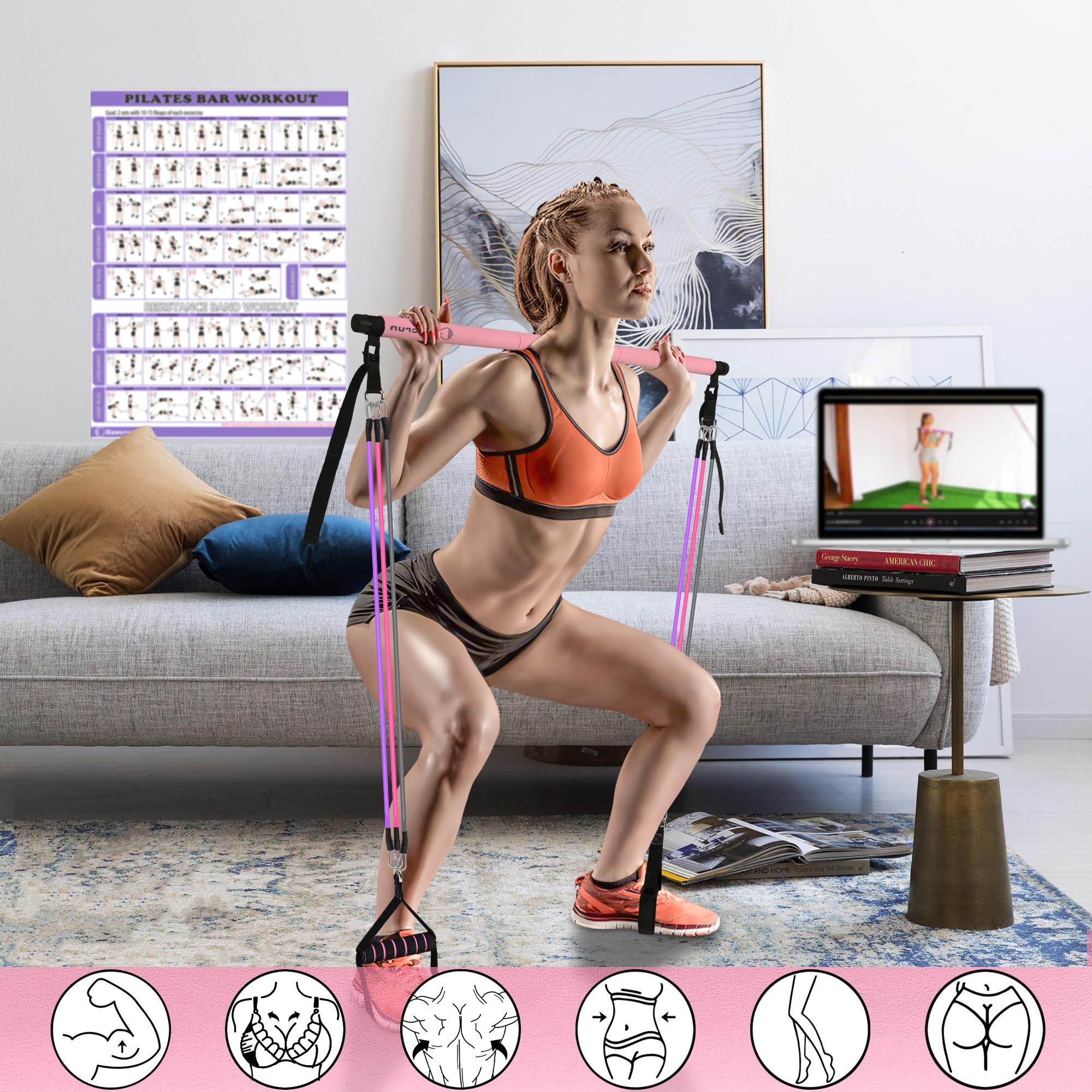 Portable Home Gym, Pilates Bar & Resistance Band Bar Combo Set. Multifunctional Fitness Equipment That Supports Full-Body Workouts - with Workout Poster and Video