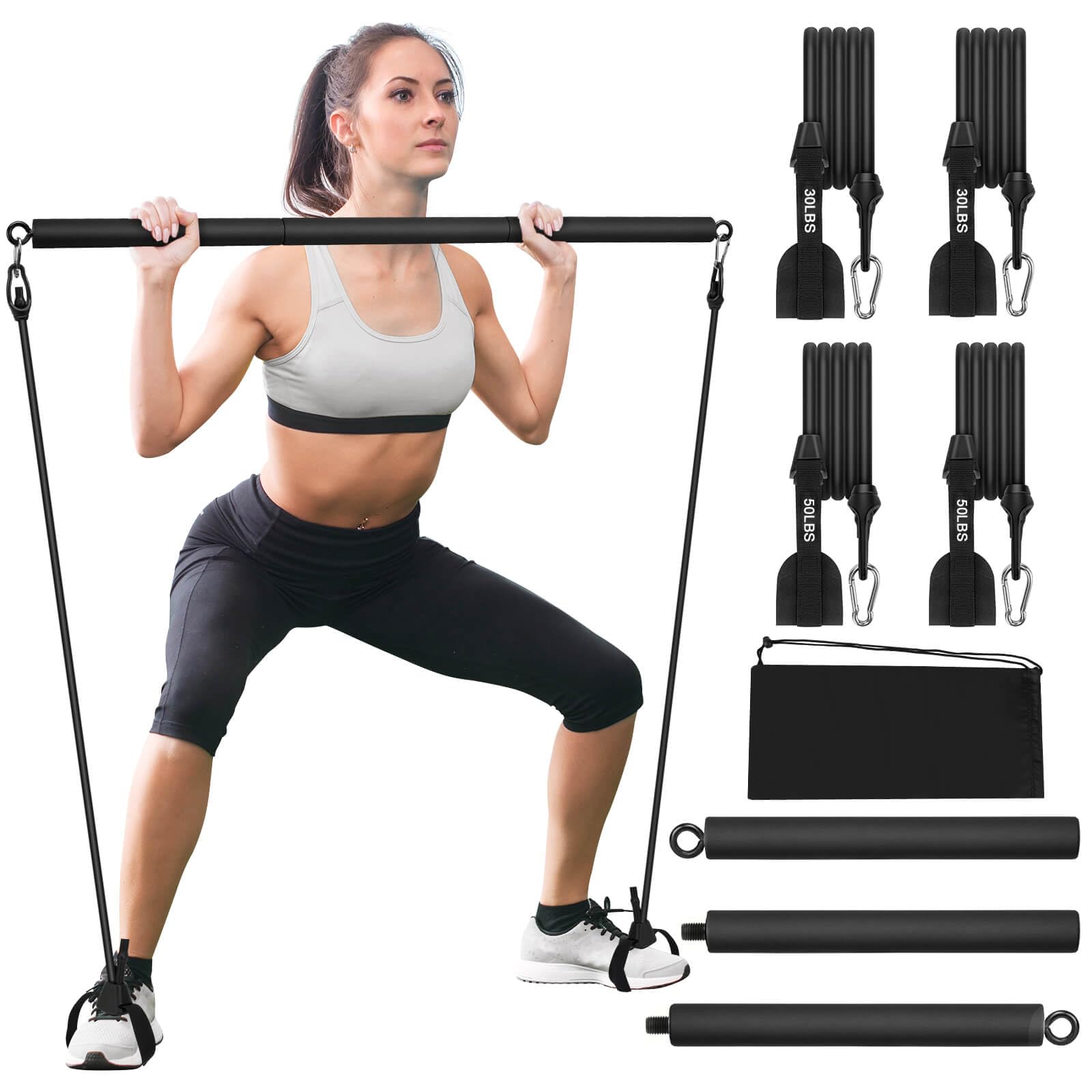 Pilates Bar Kit with Resistance Bands, Portable Pilates Bar for Home Gym Workout, Adjustable 3-Section Pilates Stick Bar for Women and Men Full Body Shaping