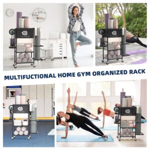 Yoga Mat Storage Rack，Home Gym Storage Rack Gym Workout Equipment Storage Organizer Fitness Weight Rack on Wheels for Yoga Mat,Yoga Block,Foam Roller,Resistance Band and Other Workout Accessories