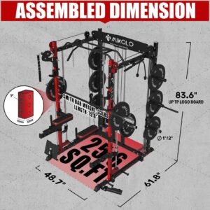 Mikolo Smith Machine, 2000LBS Multifunctional Squat Rack with LAT Pull Down System&Cable Crossover Machine for Home Gym, Power Cage with Dip/Leg Raise Attachments, Free Handles, Band Pegs（Red）