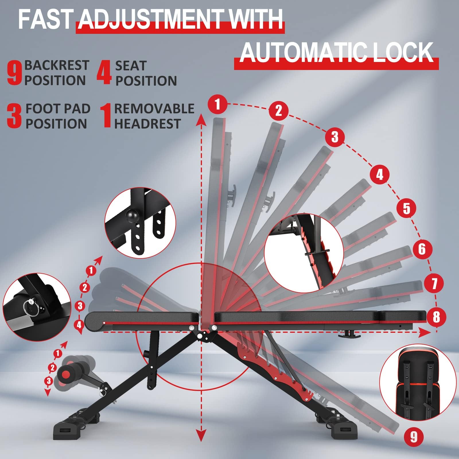 Elseluck Weight Bench, Adjustable Workout Bench for Home Gym, Foldable Strength Training Bench Press for Full Body with Resistance Rope