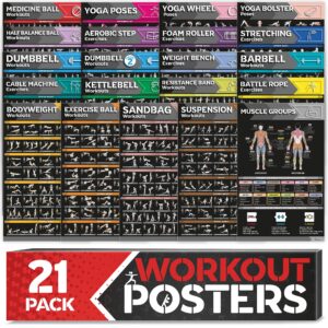 [21-pack] laminated large workout poster set - perfect workout posters for home gym - exercise charts incl. dumbbell, yoga poses, resistance band, kettlebell, stretching & more fitness gym posters